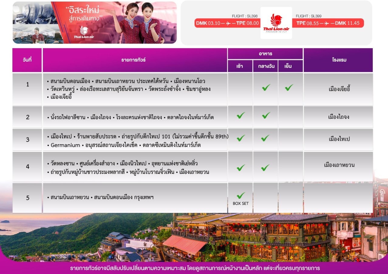 ทัวร์ไต้หวัน เที่ยว 2 อุทยาน เย๋หลิ๋ว+อาลีซาน จัดเต็มอาหารไต้หวัน บินคุ้มไทยไลออนแอร์