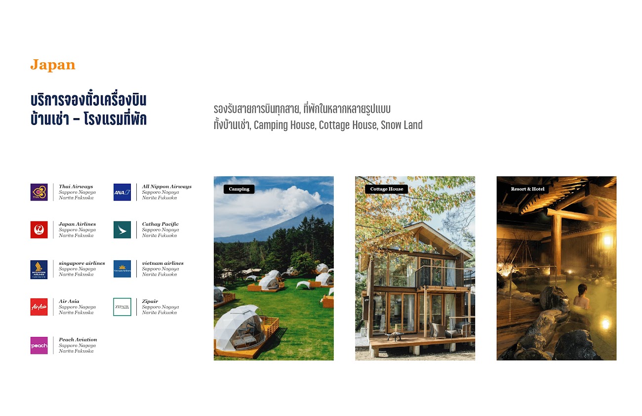 บริการจองตั๋วเครื่องบิน บ้านเช่า โรงแรมที่พัก รองรับสายการบินทุกสาย ที่พักในหลากหลายรูปแบบ ทั้งบ้านเช่า Camping House Cottage House Snow Land