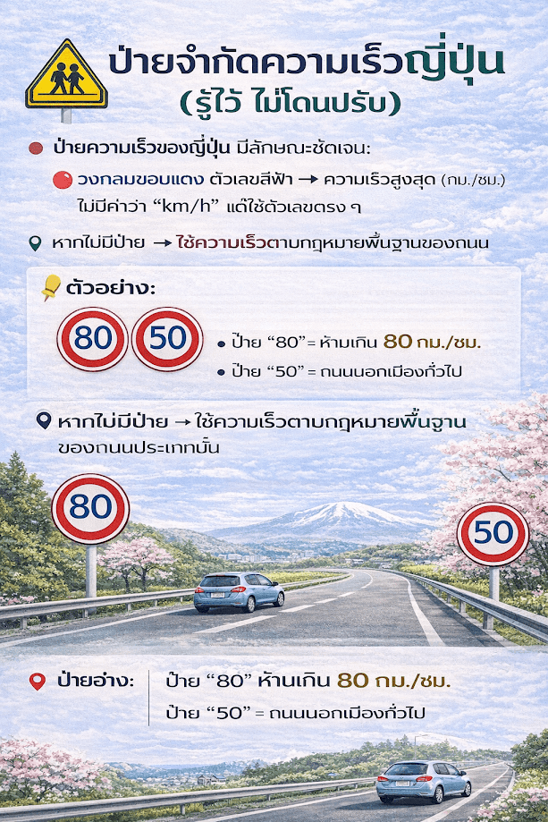 อินโฟกราฟิกอธิบายป้ายจำกัดความเร็วในญี่ปุ่น พร้อมตัวอย่างป้าย 80 และ 50 กม./ชม. บนถนนวิวภูเขาไฟฟูจิ ให้ข้อมูลเกี่ยวกับทางด่วนญี่ปุ่น จำกัดความเร็ว กี่กิโล และวิธีอ่านป้ายเพื่อหลีกเลี่ยงค่าปรับ