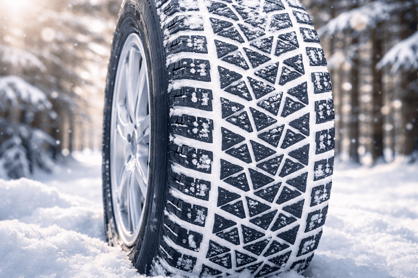 ภาพระยะใกล้ของ ยางหิมะ (snow tires) ลายดอกยางทรงเรขาคณิตลึกพิเศษเพื่อการยึดเกาะถนนในฤดูหนาว มีหิมะเกาะบนพื้นผิวยาง ติดตั้งบนล้ออัลลอยสีเงิน จอดอยู่บนถนนในป่าที่ปกคลุมด้วยหิมะ พร้อมแสงแดดอ่อน ๆ ส่องผ่านต้นไม้ด้านหลัง สื่อถึงประสิทธิภาพของยางหิมะสำหรับการขับขี่บนถนนลื่น