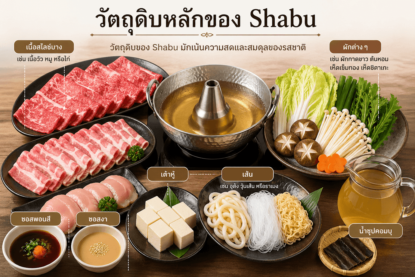 อินโฟกราฟิกอธิบาย shabu คืออะไร พร้อมแสดงวัตถุดิบหลักของชาบูแบบครบถ้วน ได้แก่ เนื้อสไลซ์บาง เนื้อวัว หมู ไก่ ผักสด เต้าหู้ เส้นอุด้ง วุ้นเส้น ราเมง น้ำซุปคอมบุ ซอสพอนสึ และซอสงา จัดวางรอบหม้อชาบูสไตล์ญี่ปุ่นอย่างสวยงาม"