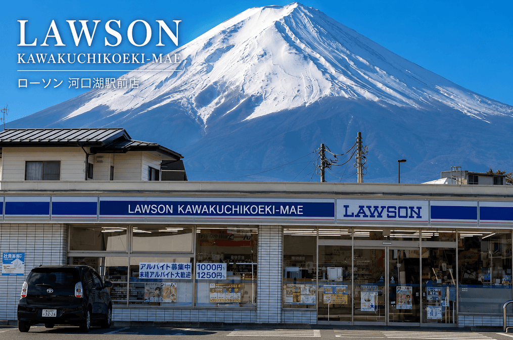 ภาพร้าน Lawson Kawaguchikoeki-Mae ในญี่ปุ่น โดยมีภูเขาไฟฟูจิที่ปกคลุมด้วยหิมะตั้งตระหง่านอยู่ด้านหลัง ท้องฟ้าสีฟ้าสดใสและวิวร้านสะดวกซื้อชื่อดังทำให้จุดนี้กลายเป็นแลนด์มาร์กยอดนิยมสำหรับนักท่องเที่ยวและสายถ่ายภาพ เหมาะสำหรับคอนเทนต์ “10 จุดถ่ายรูปภูเขาไฟฟูจิ 2026”