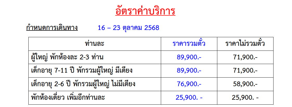 Tour price table