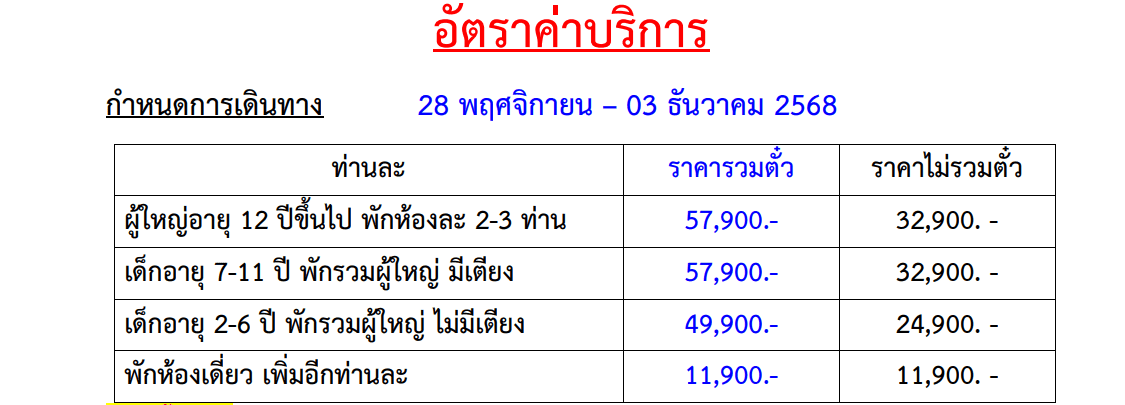 Tour price table