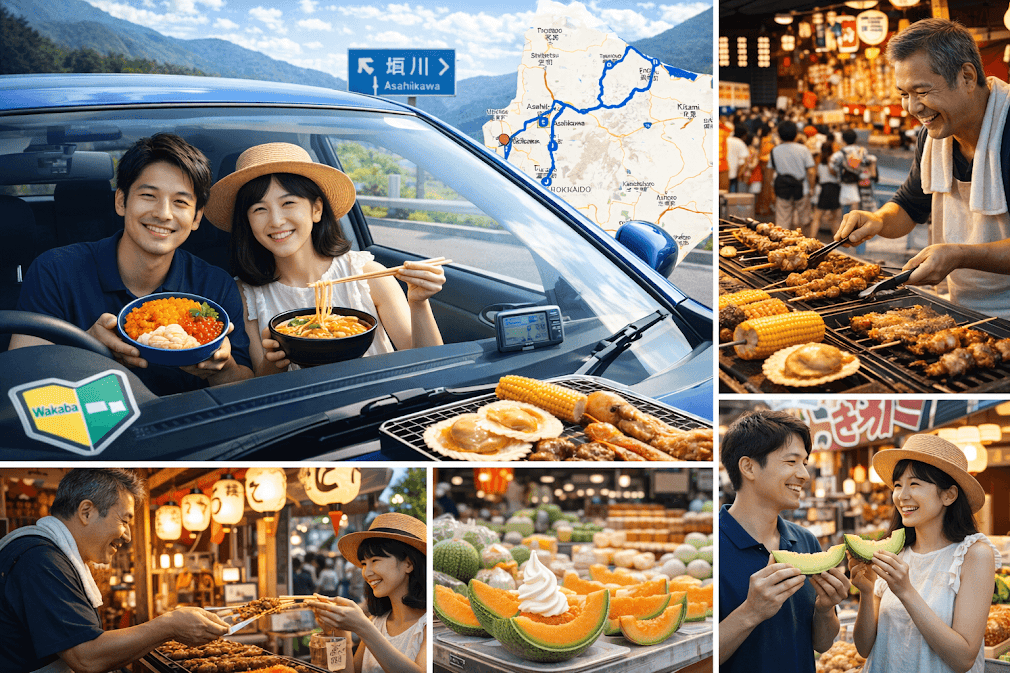 รถเช่าญี่ปุ่น ตระเวนหาของกิน ขับรถเที่ยวญี่ปุ่นแวะตลาดกลางคืน กินอาหารท้องถิ่น ราเมน ซีฟู้ด และเมล่อน
