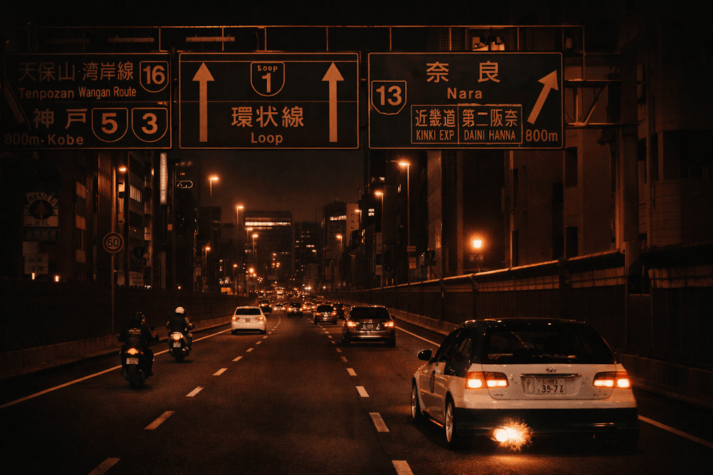 kanjozoku คืออะไร มีที่มาอย่างไร — ภาพทางด่วนญี่ปุ่นยามค่ำคืนบนเส้น Loop ในโอซาก้า รถแต่งสไตล์สตรีทเรซซิ่งขับท่ามกลางแสงไฟเมือง สื่อถึงวัฒนธรรมแก๊งรถซิ่งคันโจโซกุที่มีต้นกำเนิดจากทางด่วนวงแหวน