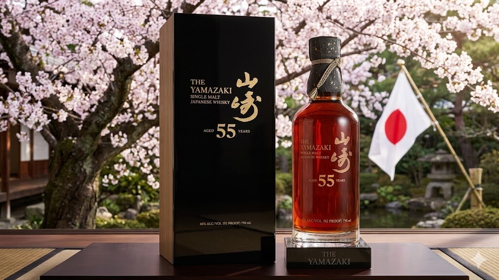 ขวดวิสกี้ญี่ปุ่น The Yamazaki 55 Years วางคู่กับกล่องสีดำหรู ท่ามกลางฉากซากุระบานและธงญี่ปุ่นด้านหลัง สะท้อนถึงความสง่างามและความหายากระดับโลกของ เหล้าญี่ปุ่นที่แพงที่สุด ที่นักสะสมทั่วโลกต้องการ