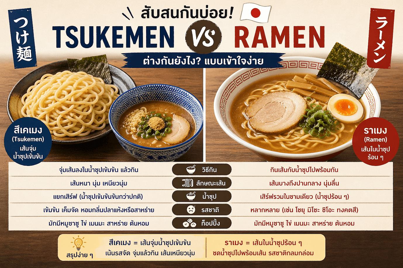 tsukemen กับ ramen ต่างกันยังไง อินโฟกราฟิกเปรียบเทียบสึเคเมงกับราเมนแบบเข้าใจง่าย แสดงวิธีกิน ความเข้มข้นของน้ำซุป ลักษณะเส้น และท็อปปิ้งของเมนูเส้นญี่ปุ่นยอดนิยม
