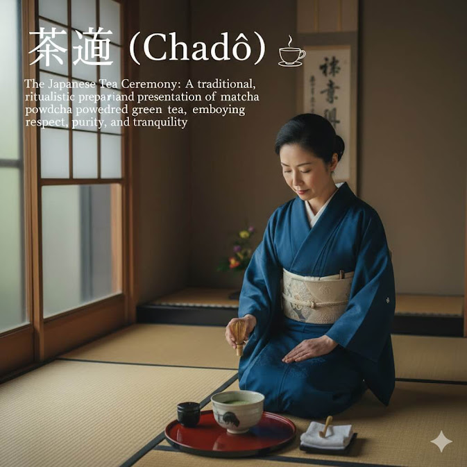 การชงชาเขียว Sadou ในห้องเสื่อทาทามิแบบญี่ปุ่น หญิงสวมกิโมโนสีน้ำเงินนั่งคุกเข่าอย่างสงบ กำลังใช้แปรงไม้ไผ่ตีมัทฉะในถ้วยบนถาดสีแดง แสงธรรมชาติส่องผ่านหน้าต่างกระดาษโชจิ สะท้อนบรรยากาศพิธีชงชาแบบดั้งเดิมที่เน้นความสงบ ความเคารพ และสมาธิ