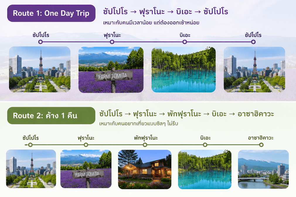 อินโฟกราฟิกแนะนำเส้นทาง  จากซัปโปโร แบ่งเป็นทริปเช้าเย็นกลับและแบบค้างคืน 1 คืน พร้อมจุดแวะยอดนิยม เช่น Farm Tomita, Blue Pond และอาซาฮิคาวะ