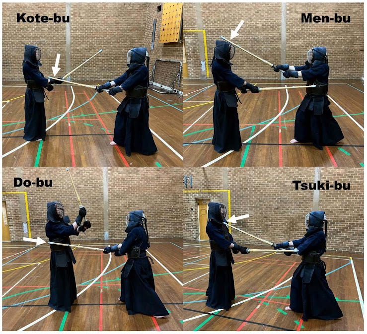 ภาพอินโฟกราฟิกแสดงท่าการโจมตีหลักของการฟันดาบเคนโด (kendo) 4 แบบ ได้แก่ kote-bu (โจมือตีข้อมือ), men-bu (โจมือตีศีรษะ), do-bu (โจมือตีลำตัว) และ tsuki-bu (แทงคอ) โดยมีผู้ฝึกสองคนสวมชุดเกราะกำลังสาธิตในยิม ช่วยอธิบายว่า “ฟันดาบ kendo คืออะไร” ผ่านเทคนิคการโจมตีพื้นฐานของกีฬานี้
