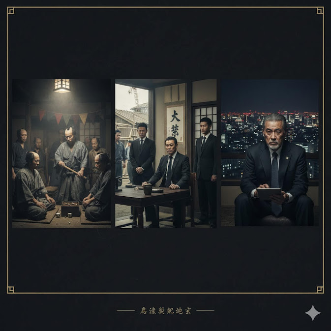 ภาพคอลลาจสะท้อนโครงสร้างและอิทธิพลของ yakuza ญี่ปุ่น แสดงฉากพิธีกรรมภายในกลุ่ม การประชุมผู้นำกับสมาชิกในห้องแบบดั้งเดิม และภาพหัวหน้ากลุ่มในบรรยากาศเมืองยามค่ำคืน สื่อถึงลำดับขั้น อำนาจ และความเข้มขรึมขององค์กรใต้ดินในสังคมญี่ปุ่น