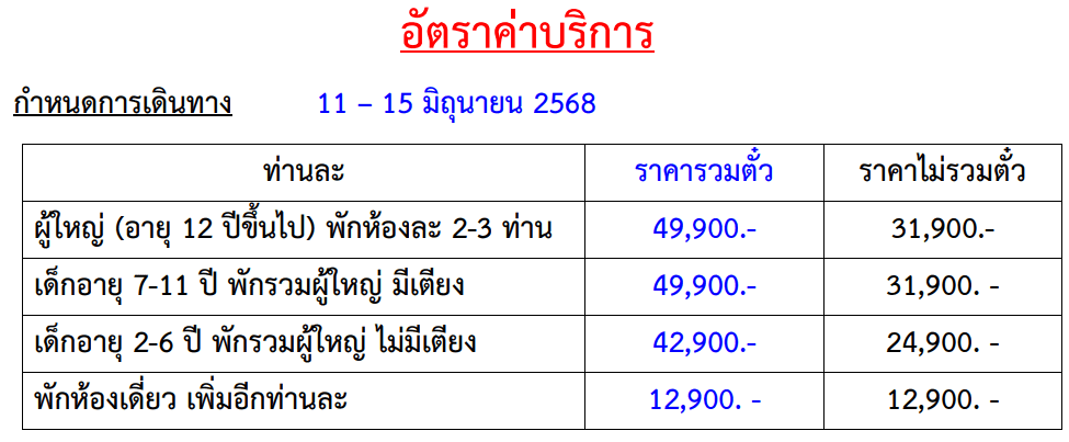 Tour price table