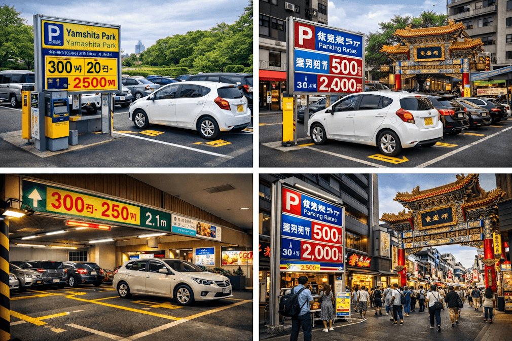 “ลานจอดรถใกล้ Yokohama Chinatown และป้ายค่าจอดรถ สำหรับนักท่องเที่ยวที่ ขับรถเช่าในญี่ปุ่น ไป Yokohama Chinatown”