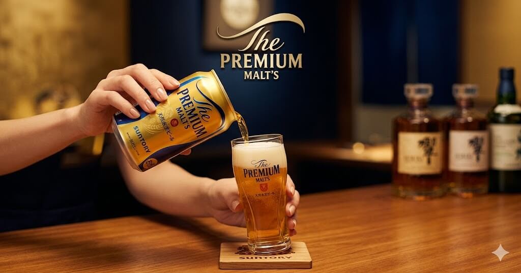 "ภาพถ่ายระยะใกล้ของการเทเบียร์ Suntory The Premium Malt's แบรนด์ เบียร์ญี่ปุ่น ยอดนิยม ลงในแก้วที่มีฟองครีมบนที่รองแก้วไม้ ในบรรยากาศบาร์หรูหรา พร้อมโลโก้แบรนด์ที่ลอยอยู่ด้านบน"