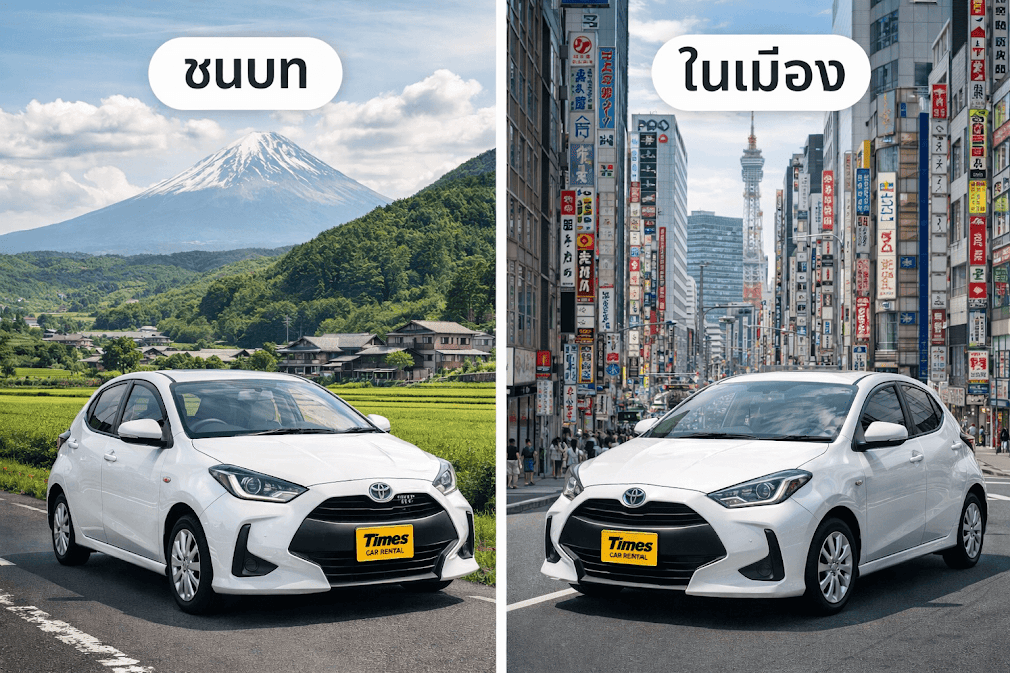 ภาพเปรียบเทียบรถเช่าญี่ปุ่น เที่ยวชนบทกับในเมือง เลือกแบบไหนให้เหมาะกับทริปของคุณ โดยแสดงรถขนาดเล็กขับท่ามกลางวิวภูเขาไฟฟูจิในชนบท และขับบนถนนตึกสูงในเมืองใหญ่ญี่ปุ่น