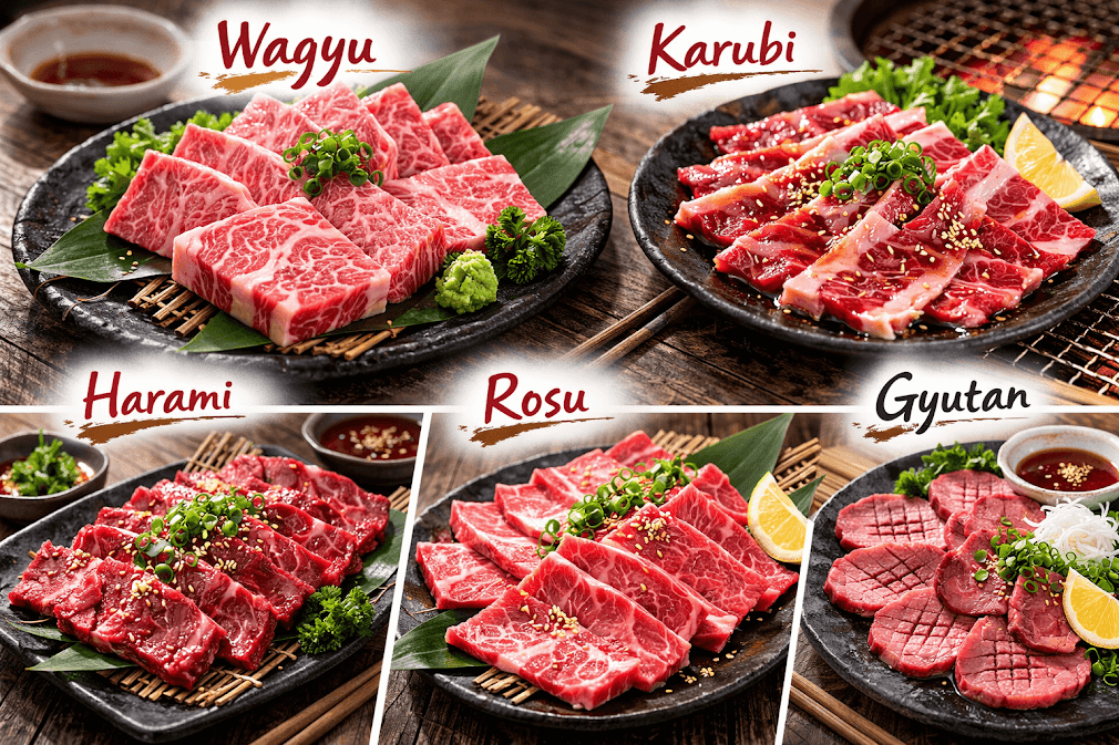 ปิ้งย่างญี่ปุ่น yakiniku คืออะไร – ภาพรวมเนื้อย่างยากินิกุหลากหลายส่วน ได้แก่ Wagyu, Karubi, Harami, Rosu และ Gyutan จัดวางบนจานสไตล์ญี่ปุ่น พร้อมเครื่องเคียงและเตาปิ้งย่างแบบดั้งเดิม