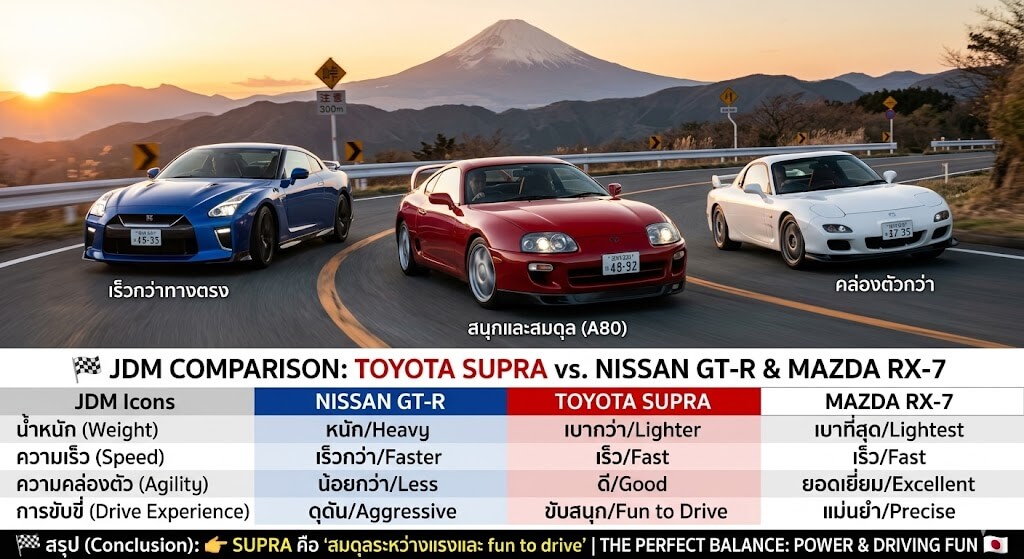 supra แรงไหม ภาพเปรียบเทียบรถสปอร์ต JDM Toyota Supra กับ Nissan GT-R และ Mazda RX-7 ขับบนถนนภูเขาพร้อมวิวภูเขาไฟฟูจิ แสดงจุดเด่นด้านความเร็ว น้ำหนัก และความคล่องตัว