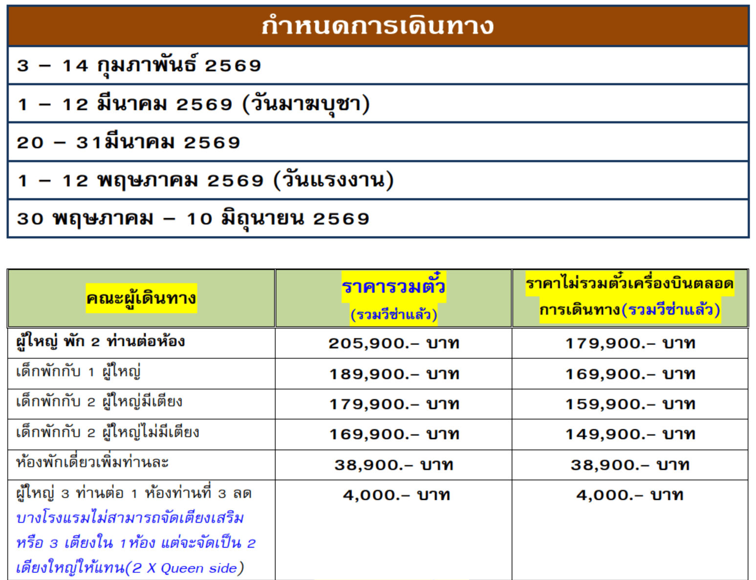 Tour price table