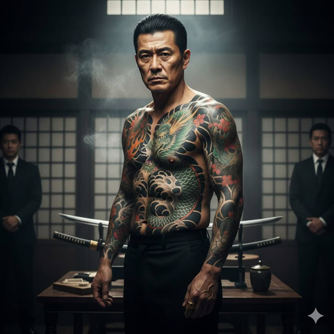 ภาพชายสวมกางเกงสูทยืนในห้องสไตล์ญี่ปุ่น เผยรอยสักมังกรเต็มลำตัว สื่อถึงภาพลักษณ์ yakuza ญี่ปุ่น แบบดั้งเดิม มีดาบคาตานะวางอยู่ด้านหลังและชายชุดสูทยืนประกบสองข้าง บรรยากาศเข้มขรึมและจริงจัง