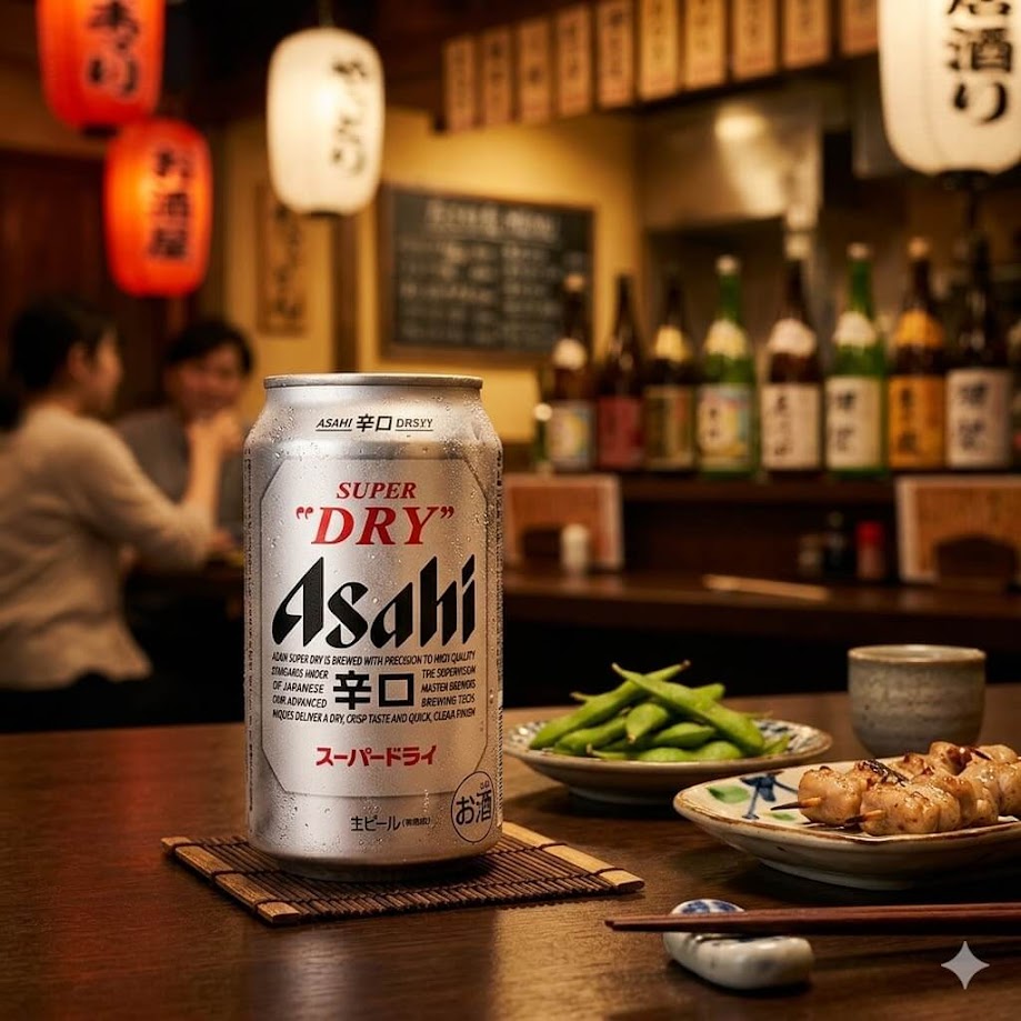 "ภาพกระป๋อง Asahi Super Dry เบียร์ญี่ปุ่น ยอดนิยม วางบนโต๊ะไม้พร้อมกับแกล้ม"
