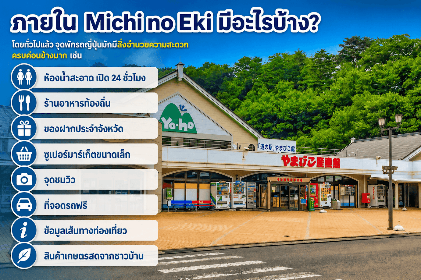 จุดพักรถญี่ปุ่น (Michi no Eki) คืออะไร อินโฟกราฟิกอธิบายสิ่งอำนวยความสะดวกภายใน Michi no Eki ในญี่ปุ่น ทั้งห้องน้ำ 24 ชั่วโมง ร้านอาหารท้องถิ่น ของฝาก จุดชมวิว ที่จอดรถฟรี และสินค้าเกษตรจากชาวบ้านท้องถิ่น