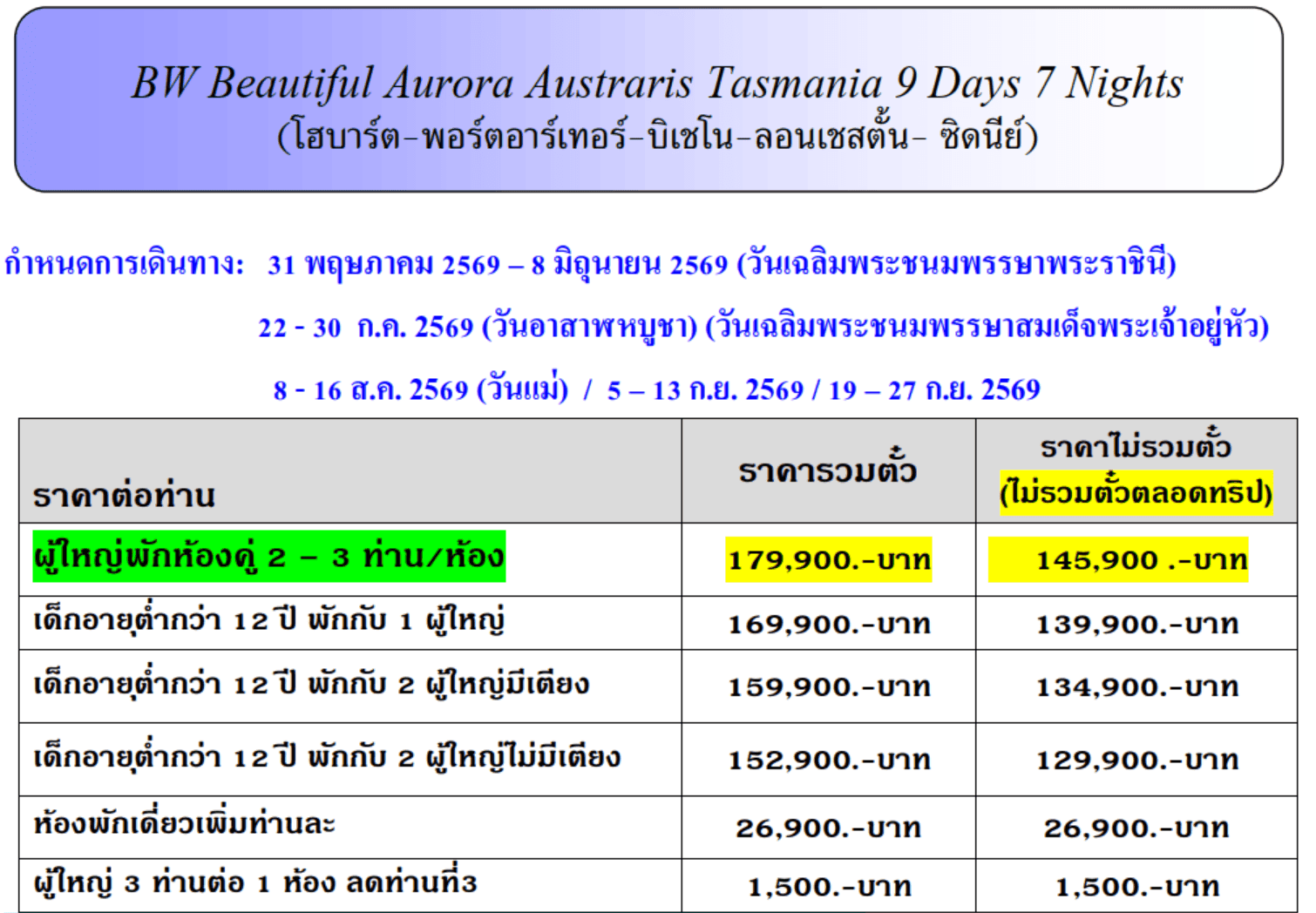 Tour price table