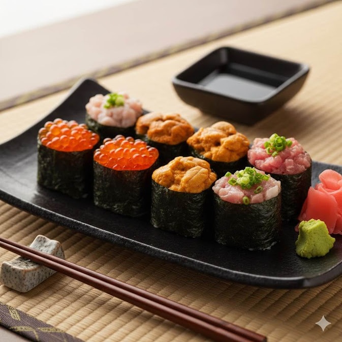 กุนกันซูชิ (Gunkan Sushi) หน้าไข่ปลาแซลมอน ไข่หอยเม่น และทูน่าสับ วางบนจานสีดำ เสิร์ฟพร้อมโชยุ วาซาบิ และขิงดอง แสดงตัวอย่าง sushi ญี่ปุ่นมีกี่ประเภท