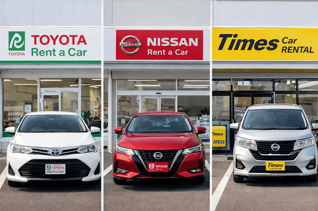 ภาพเปรียบเทียบบริษัทเช่ารถในญี่ปุ่น ได้แก่ Toyota Rent a Car, Nissan Rent a Car และ Times Car Rental พร้อมรถยนต์หน้าร้าน เหมาะสำหรับคนที่กำลังหาข้อมูลว่า “เช่ารถญี่ปุ่น บริษัทไหนดี”