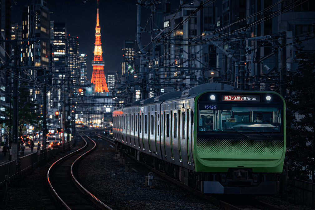 รถเช่าญี่ปุ่น กับ รถไฟ อันไหนดีกว่า ภาพรถไฟสาย Yamanote วิ่งในโตเกียวยามค่ำคืน มี Tokyo Tower ส่องแสงอยู่ด้านหลัง สื่อการเปรียบเทียบการเดินทางในญี่ปุ่น