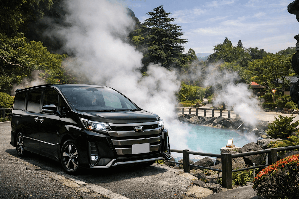 ขับรถเช่าญี่ปุ่นตระเวนหา Onsen รถมินิแวนสีดำจอดใกล้บ่อน้ำพุร้อนกลางธรรมชาติ มีไอน้ำลอยเหนือบ่อออนเซ็นท่ามกลางสวนญี่ปุ่น เหมาะสำหรับ Road Trip แช่ออนเซ็นระหว่างขับรถเที่ยวญี่ปุ่น ♨️🚗