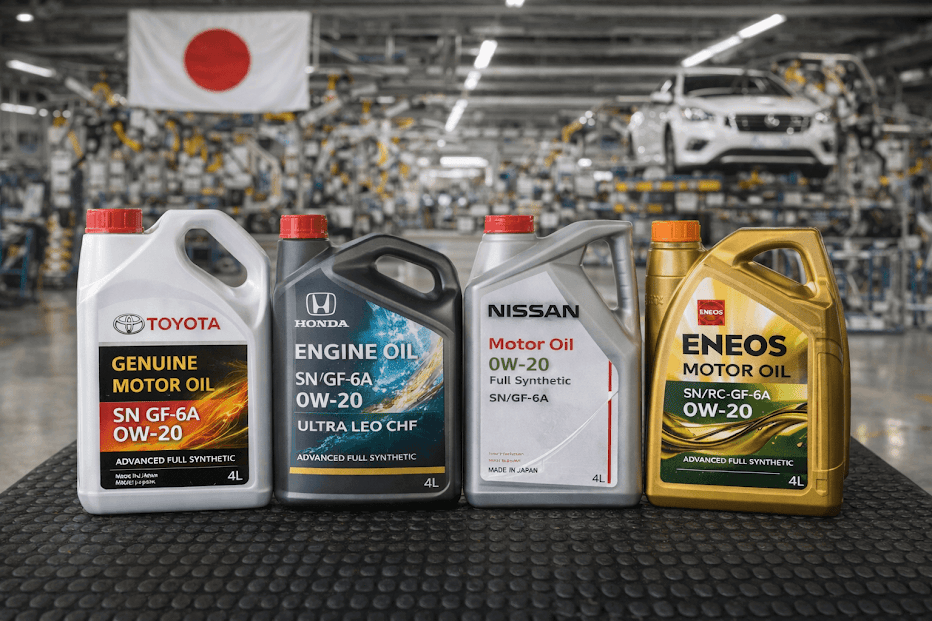 “น้ำมันเครื่องญี่ปุ่น จากแบรนด์ชั้นนำอย่าง Toyota, Honda, Nissan และ ENEOS วางเรียงในโรงงานอุตสาหกรรมยานยนต์ ช่วยปกป้องเครื่องยนต์ ลดการสึกหรอ และเพิ่มประสิทธิภาพการขับขี่”