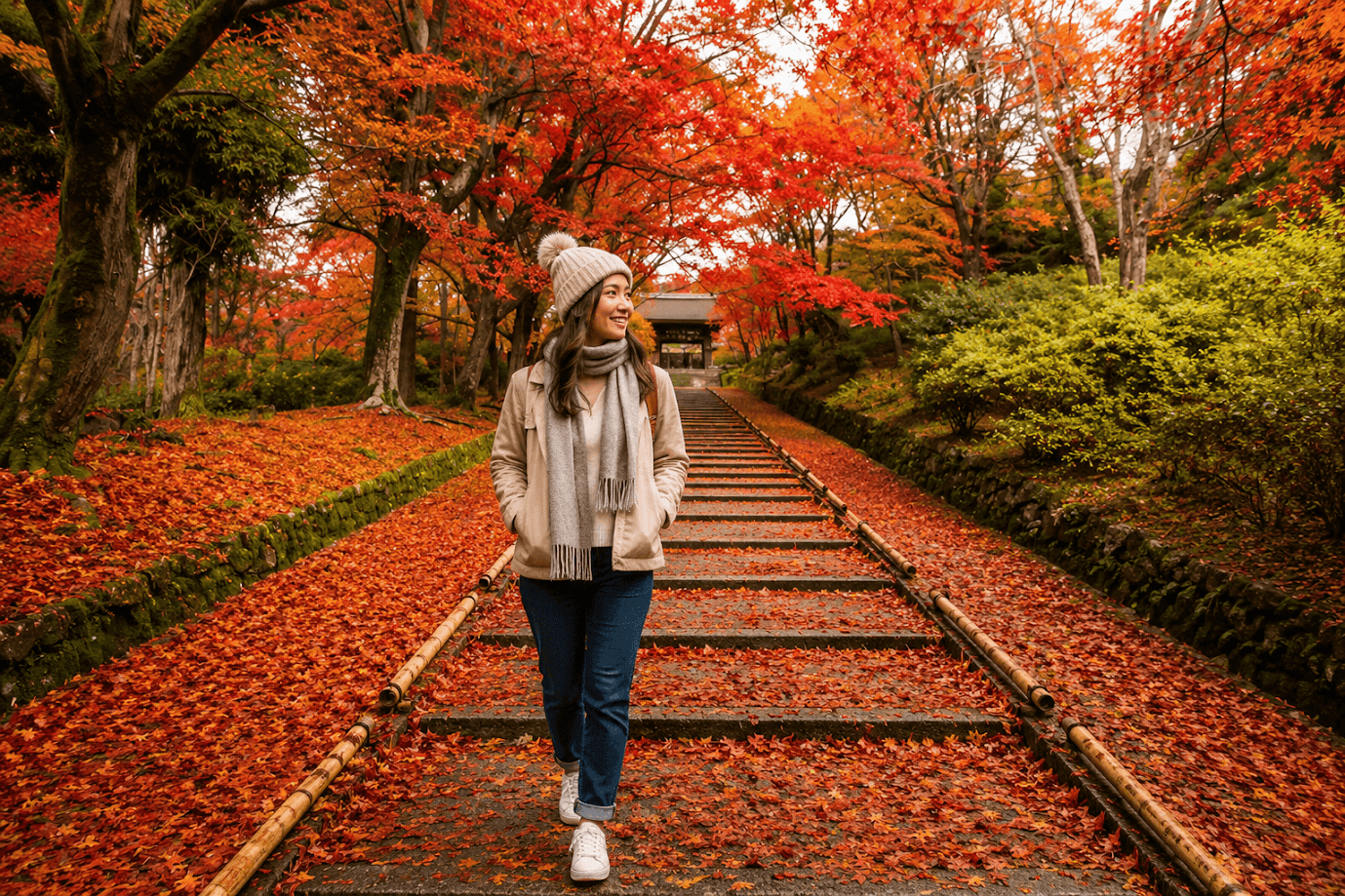 เที่ยวญี่ปุ่นฤดูใบไม้ร่วง เดินชมใบไม้เปลี่ยนสีสีแดงสดในสวนญี่ปุ่น บรรยากาศธรรมชาติสวยงาม เหมาะกับการเที่ยวญี่ปุ่นช่วงปลายปี