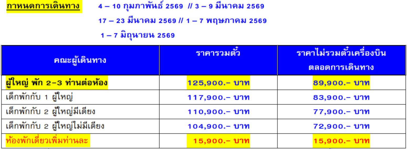 Tour price table