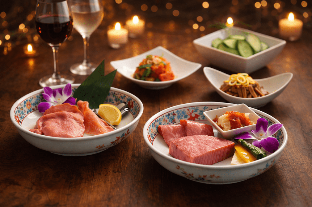 รวมสุดยอดร้านปิ้งย่างระดับตำนานญี่ปุ่น เมนูเนื้อวากิวและซาชิมิพรีเมียมจัดเสิร์ฟในถ้วยลายญี่ปุ่น บนโต๊ะไม้บรรยากาศอบอุ่น มีไวน์และเทียนสร้างมู้ดหรูสไตล์ไฟน์ไดนิ่งญี่ปุ่น