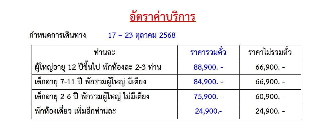 Tour price table