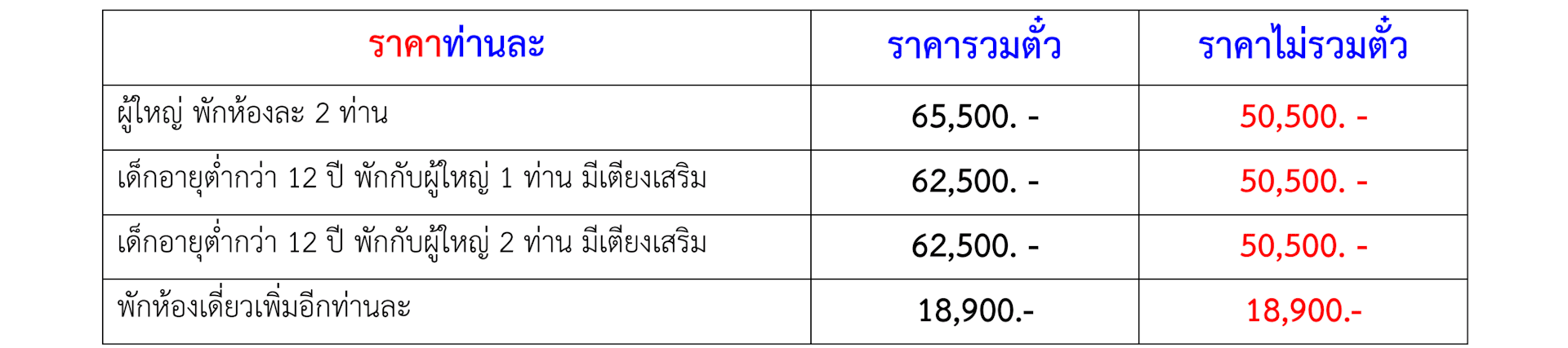 Tour Price table