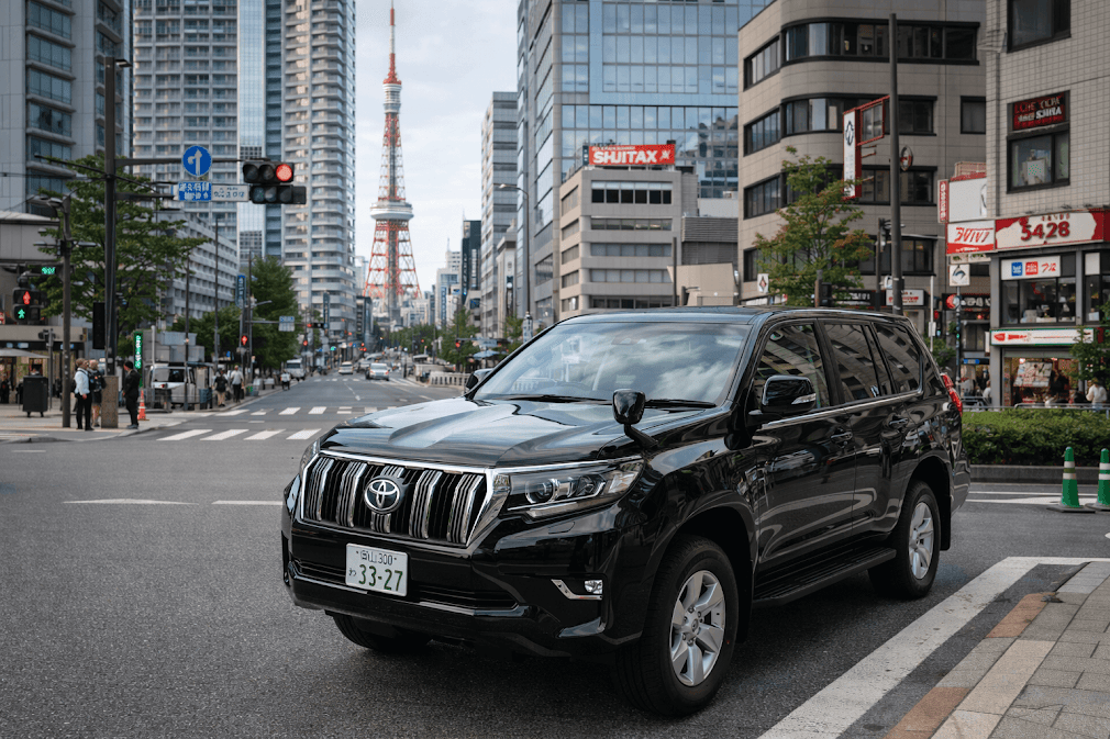 รถ Toyota Land Cruiser Prado สีดำจอดบนถนนในโตเกียว โดยมี Tokyo Tower ตั้งเด่นอยู่ด้านหลังท่ามกลางตึกสูงในย่านธุรกิจ