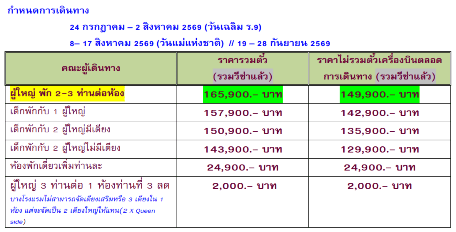 Tour price table