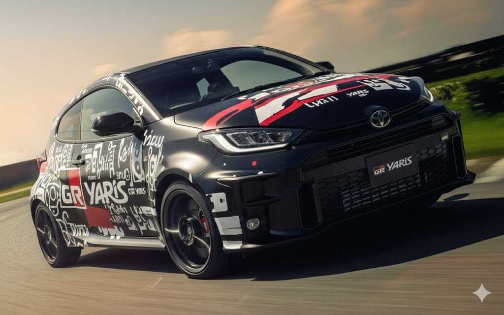 Toyota GR Yaris รถสปอร์ตสมรรถนะสูงกำลังขับขี่บนสนามทดสอบ ดีไซน์ลายกราฟิกลายพิเศษจาก Toyota Gazoo Racing ถ่ายทอด DNA จากสนามแข่งสู่ถนนจริง