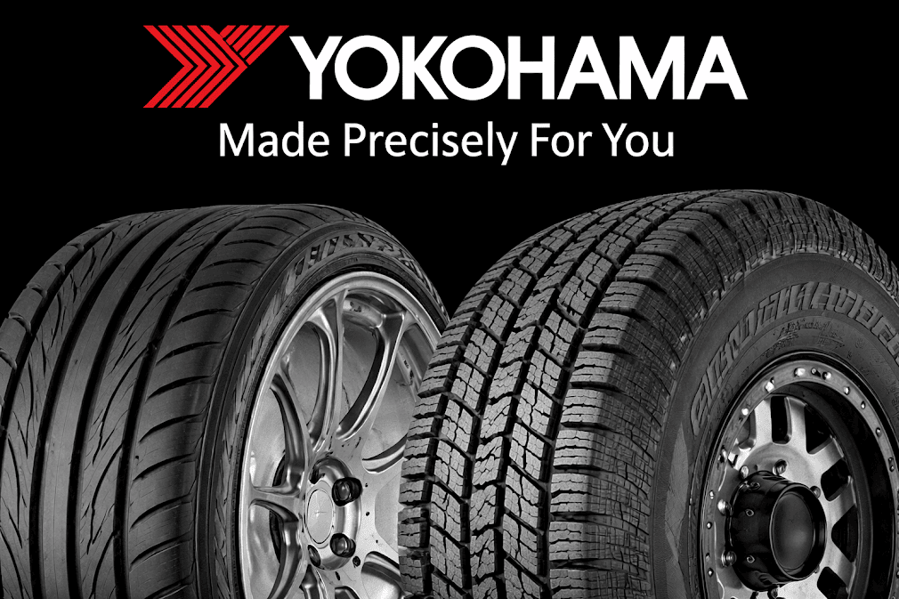 ภาพยางรถยนต์ Yokohama สองรุ่นพร้อมโลโก้และสโลแกน Made Precisely For You แสดงถึง ยี่ห้อยางญี่ปุ่นยอดนิยม ที่โดดเด่นด้านสมรรถนะและความทนทาน