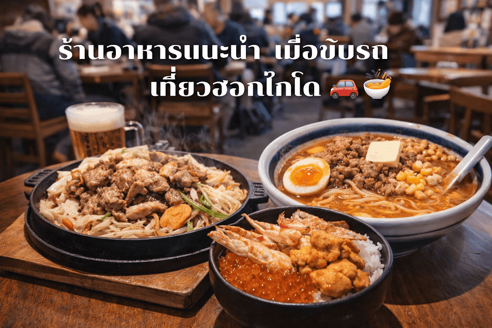 เมนูราเมน เนื้อย่าง และข้าวหน้าซีฟู้ดในร้านอาหารญี่ปุ่น บรรยากาศคึกคัก เหมาะเป็นร้านอาหารระหว่างขับรถเที่ยวฮอกไกโด