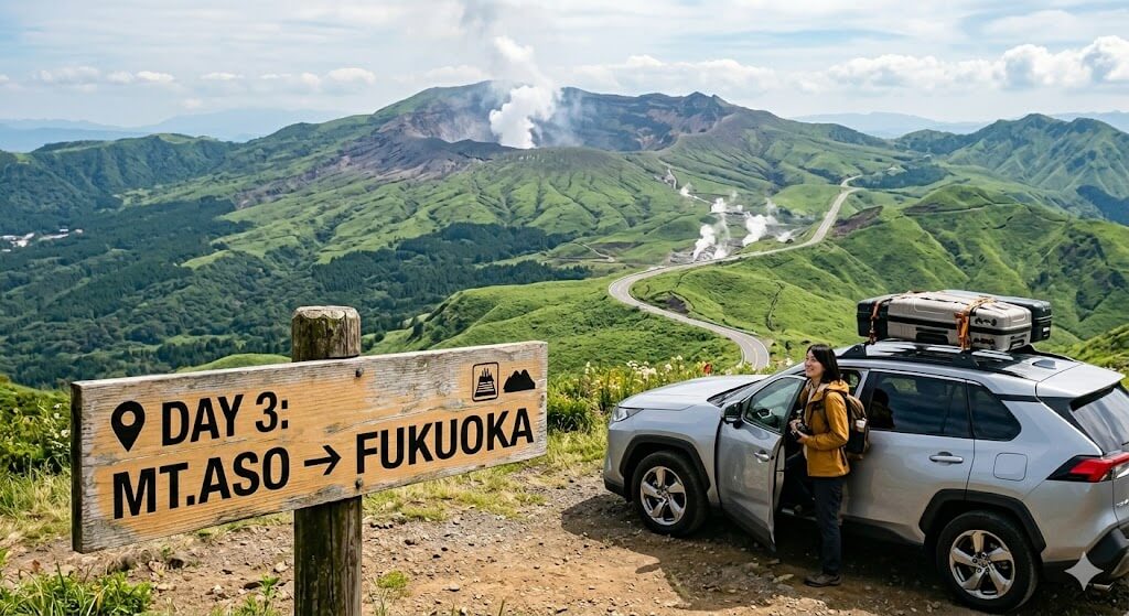 kyushu road trip เส้นทางขับรถผ่านภูเขาไฟ Mt. Aso ในคิวชู ทิวทัศน์ถนนคดเคี้ยวท่ามกลางภูเขาเขียวขจี มีควันจากปล่องภูเขาไฟด้านหลัง นักท่องเที่ยวยืนข้างรถ SUV พร้อมสัมภาระ ใกล้ป้ายไม้เขียนว่า “Day 3: Mt. Aso → Fukuoka”