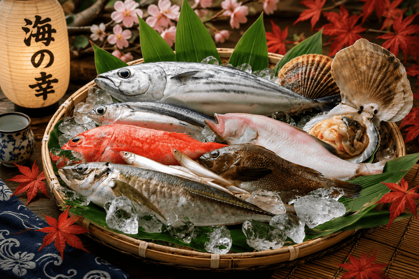 ภาพอาหารทะเลสดใหม่หลากหลายชนิดจาก ตลาดปลา ใน ญี่ปุ่น จัดวางอย่างสวยงามบนน้ำแข็งในกระจาดไม้ไผ่ที่รองด้วยใบตอง ในกระจาดประกอบด้วยปลาทะเลทั้งตัวหลายสายพันธุ์ เช่น ปลาโอ ปลาเก๋า และปลากะพงแดงเคียงคู่กับหอยเชลล์สดตัวใหญ่ที่เปิดฝาออกให้เห็นเนื้อด้านใน ฉากหลังตกแต่งด้วยโคมไฟกระดาษญี่ปุ่นโบราณที่มีตัวอักษรคันจิคำว่า "海の幸" (ของดีจากท้องทะเล) กิ่งซากุระ และใบเมเปิ้ลสีแดงที่สะท้อนถึงบรรยากาศของตลาดปลาแบบดั้งเดิม