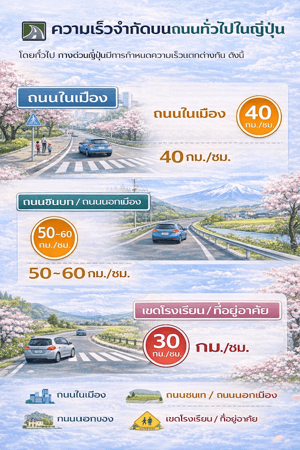 อินโฟกราฟิกสรุปข้อมูลทางด่วนญี่ปุ่น จำกัดความเร็ว กี่กิโล และความเร็วถนนทั่วไปในญี่ปุ่น โดยระบุ 40 กม./ชม. ในเมือง 50–60 กม./ชม. ถนนชนบท และ 30 กม./ชม. เขตโรงเรียน พร้อมภาพถนนและซากุระประกอบ