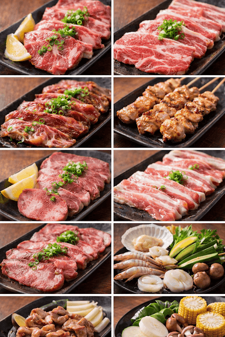 ปิ้งย่างญี่ปุ่น yakiniku คืออะไร – ภาพชุดเนื้อวากิว หมู ไก่ ซีฟู้ด และผักสด จัดเรียงบนจานสไตล์ญี่ปุ่นอย่างสวยงาม เหมาะสำหรับนำไปย่างบนเตายากินิกุ พร้อมเครื่องเคียงครบถ้วน