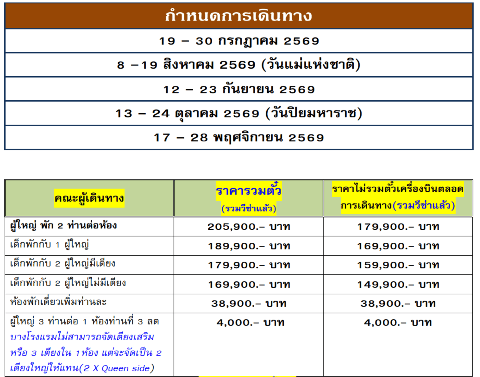 Tour price table