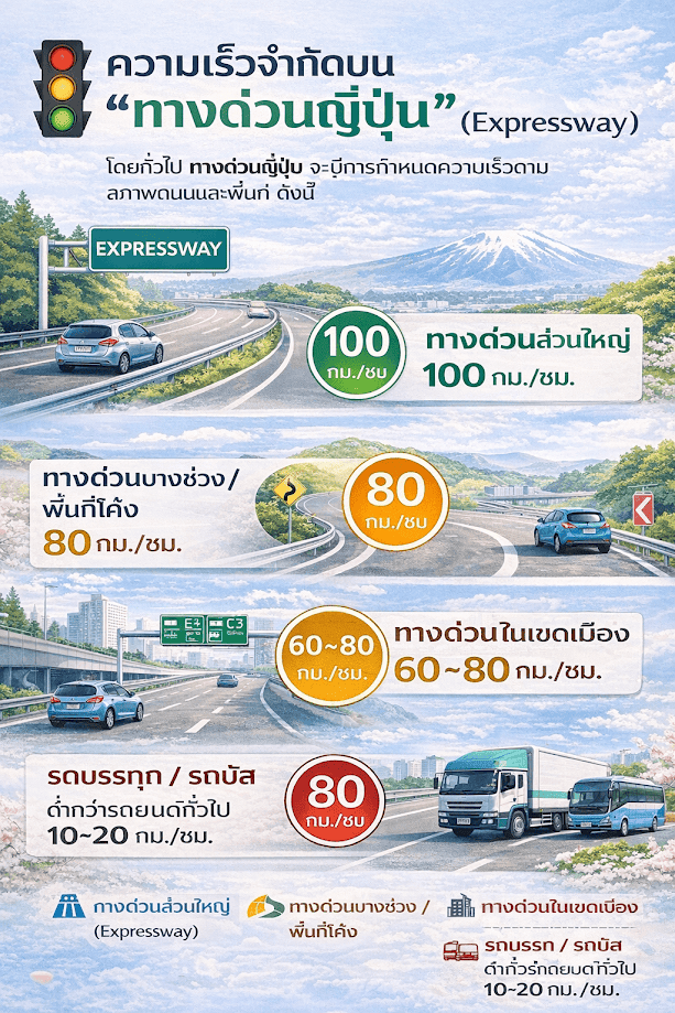 อินโฟกราฟิกแสดงข้อมูลทางด่วนญี่ปุ่น จำกัดความเร็ว กี่กิโล โดยระบุความเร็ว 100 กม./ชม. บนทางด่วนหลัก 80 กม./ชม. ในบางช่วง และ 60–80 กม./ชม. ในเขตเมือง พร้อมภาพถนนและภูเขาไฟฟูจิเป็นฉากหลัง