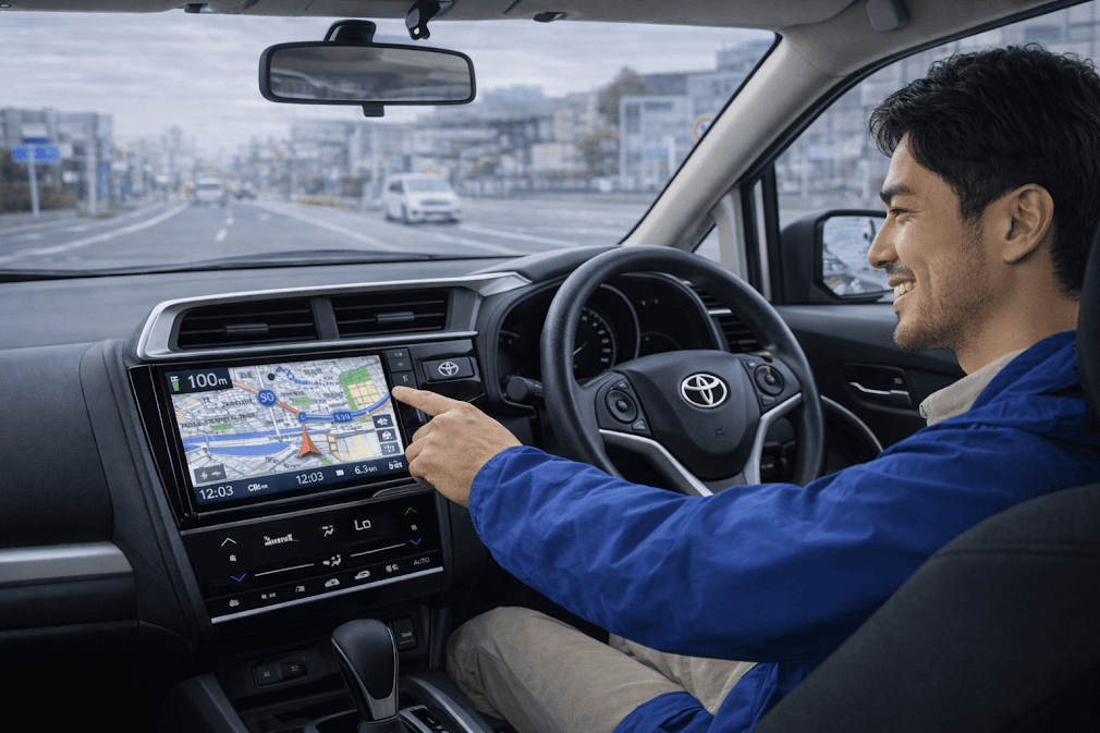 ผู้ชายกำลังยิ้มและใช้ระบบนำทาง GPS บนหน้าจอรถยนต์ Toyota ระหว่าง ขับรถเที่ยวญี่ปุ่นด้วย GPS บนถนนในเมืองญี่ปุ่น ช่วยนำทางเส้นทางและแสดงแผนที่แบบเรียลไทม์สำหรับนักท่องเที่ยวที่เช่ารถขับเที่ยวในญี่ปุ่น 🚗🗺️