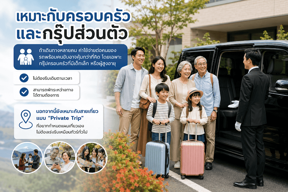 อินโฟกราฟิกแนะนำข้อดีของรถพร้อมคนขับในโตเกียว ที่เหมาะสำหรับครอบครัวและกรุ๊ปส่วนตัวที่มีเด็กเล็กหรือผู้สูงอายุ ไม่ต้องรีบเดินตามเวลาและพักระหว่างทางได้ตามใจในสไตล์ Private Trip พร้อมภาพครอบครัว 3 วัยกำลังเตรียมขึ้นรถตู้ VIP สีดำ